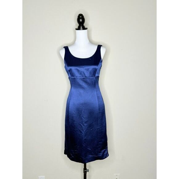 Armani Collezioni Italy VTG Blue Wool Sleeveless Sheath Midi Dress Sz 4 Sm Satin - Picture 3 of 9